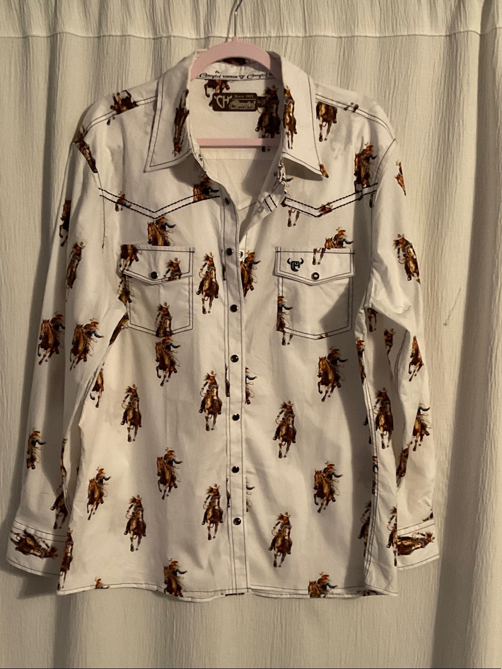 Champion White Western Button-Down Shirt with Brown Cowboy Print